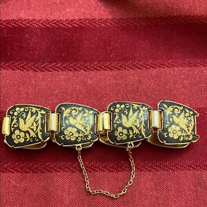 Vintage Damascene Spanish Birds & Floral Thick Panel Links Bracelet